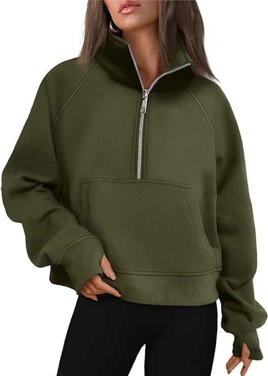 Sweat à capuche femme en polaire oversize raccourci avec demi-fermeture éclair, col montant, poche kangourou et poignets avec trou pour le pouce Echo Archiv