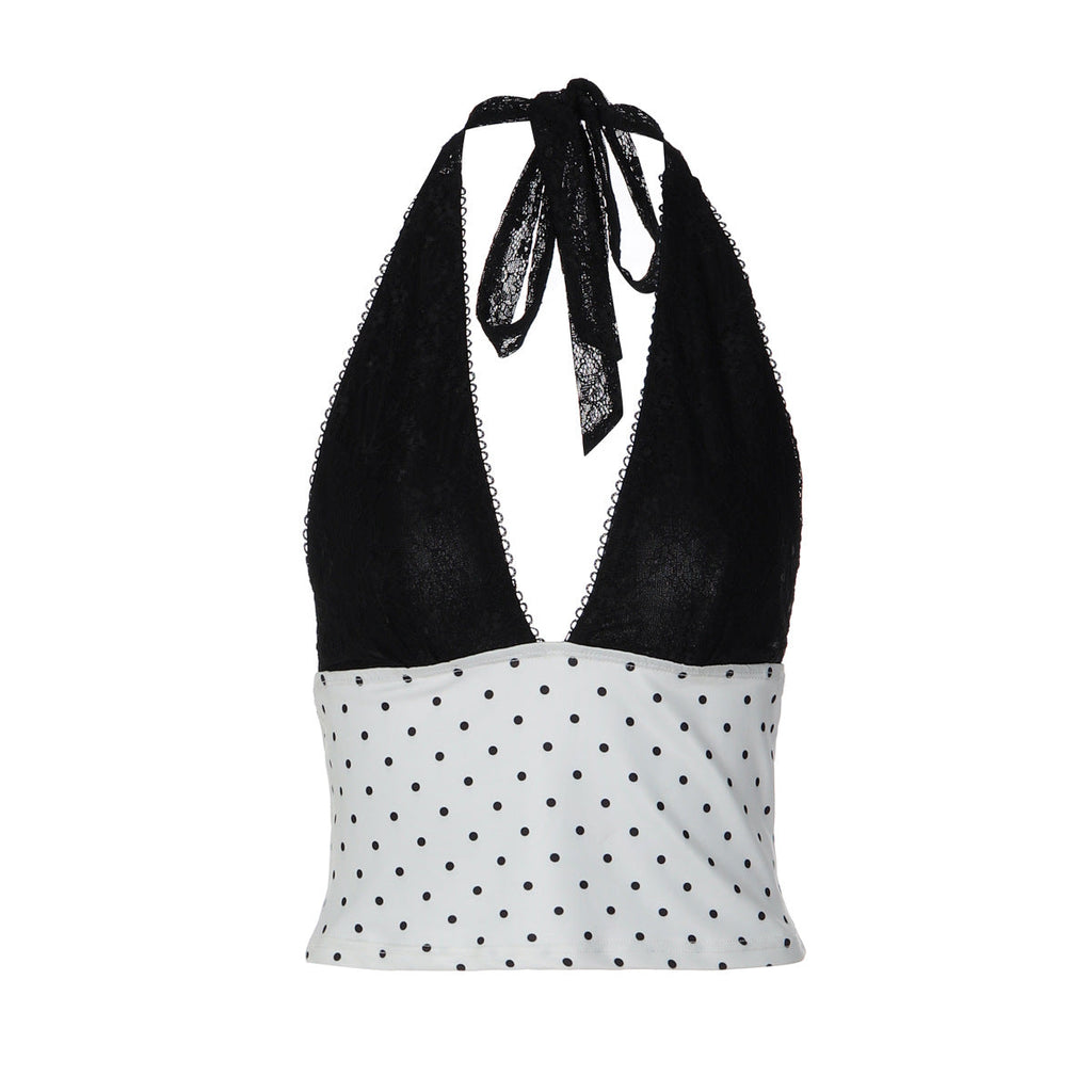 Débardeur à pois ludique pour femmes avec insert en dentelle transparente R&B