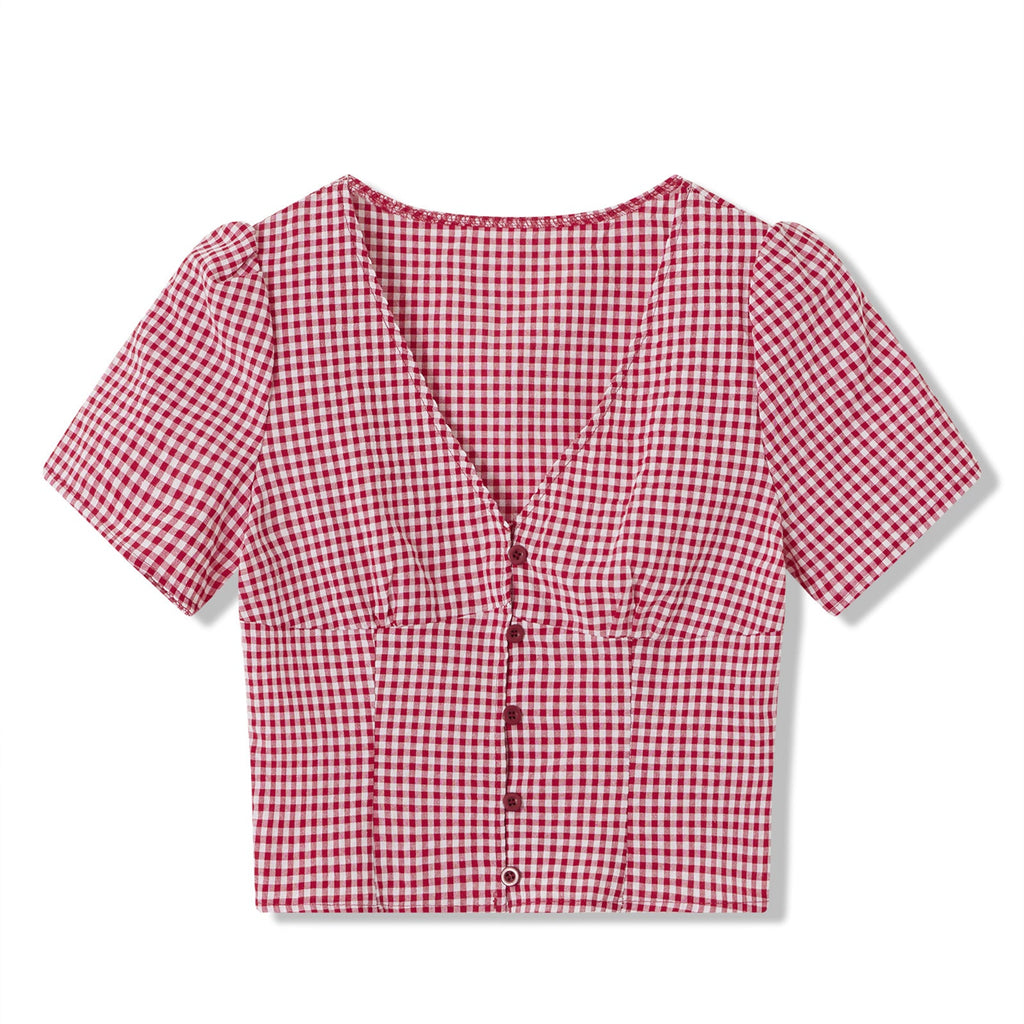 Blouse Femme à Manches Courtes à Carreaux avec Décolleté en V et Boutonnière Heidi-Mode