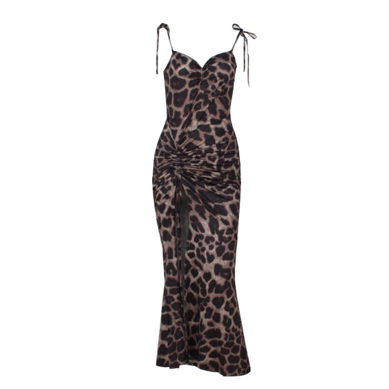 Robe maxi ludique pour femmes avec un motif léopard excitant et une fente sexy R&B