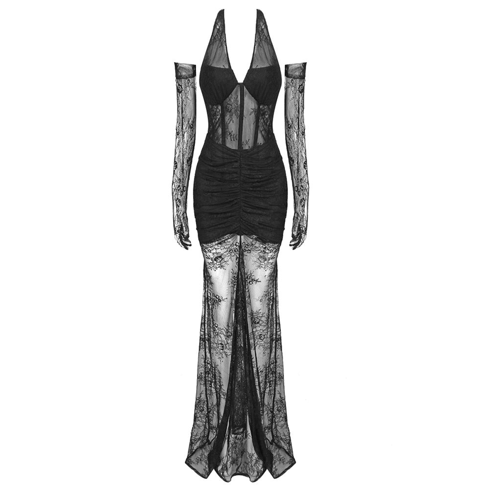 Robe en dentelle élégante pour femmes avec manches longues et plis raffinés Heidi-Mode