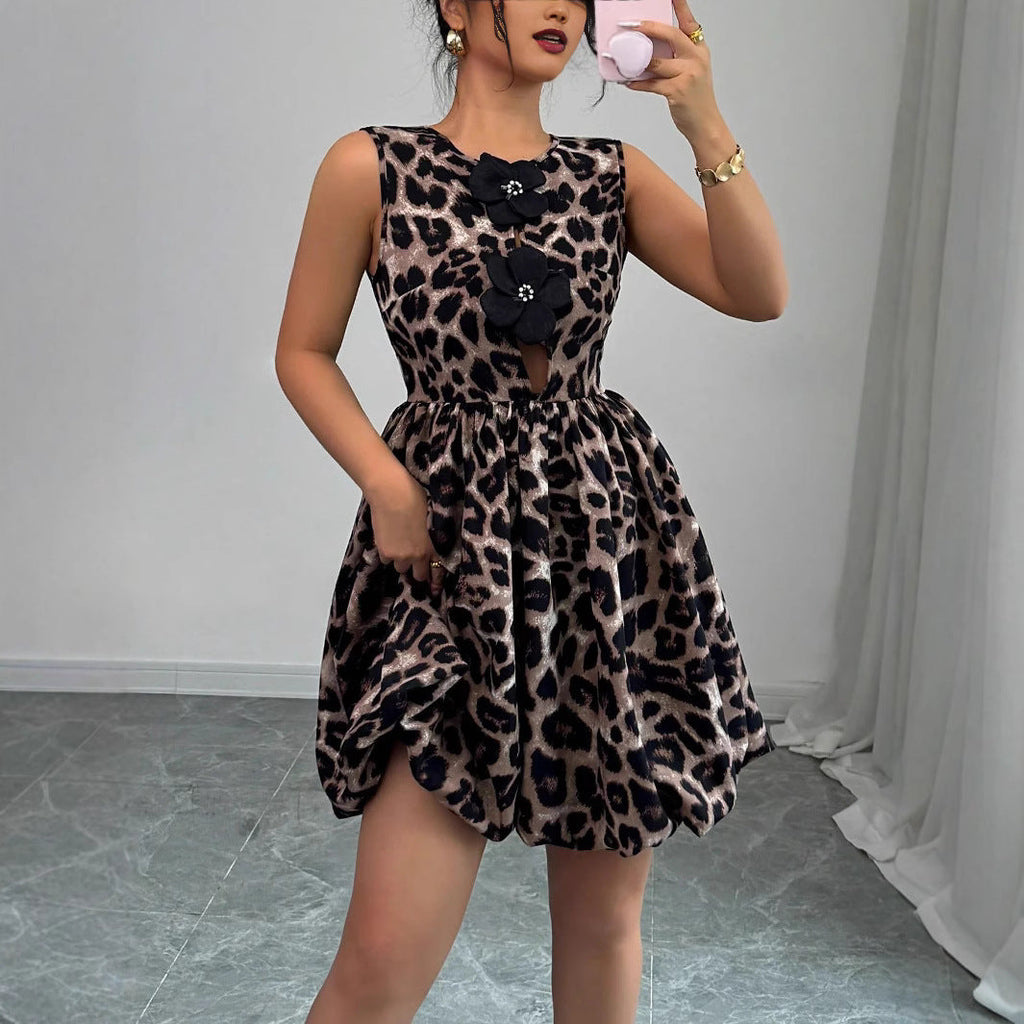 Robe de soirée courte pour femmes avec motif léopard, appliques florales et jupe ballon cintrée R&B