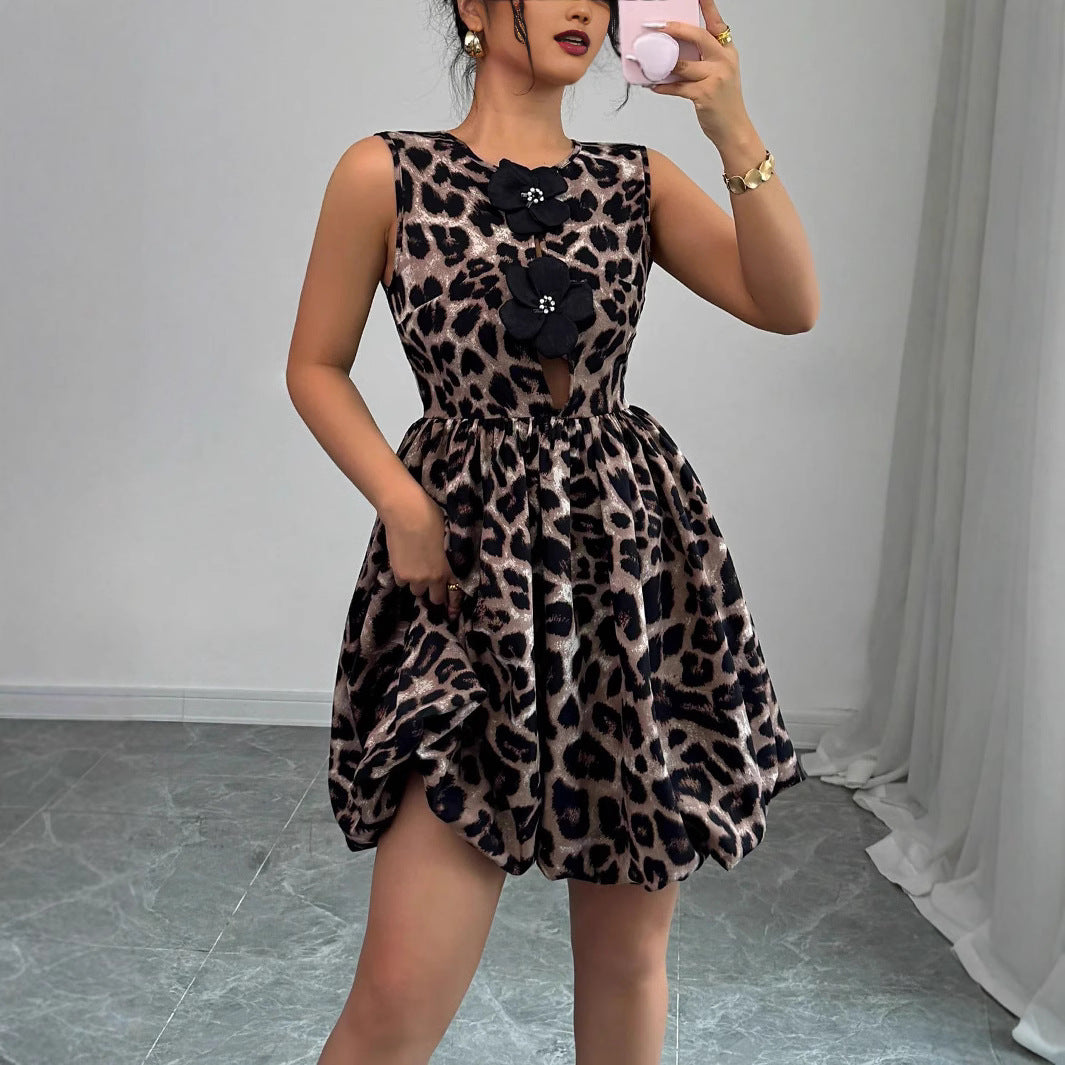Robe de soirée courte pour femmes avec motif léopard, appliques florales et jupe ballon cintrée R&B