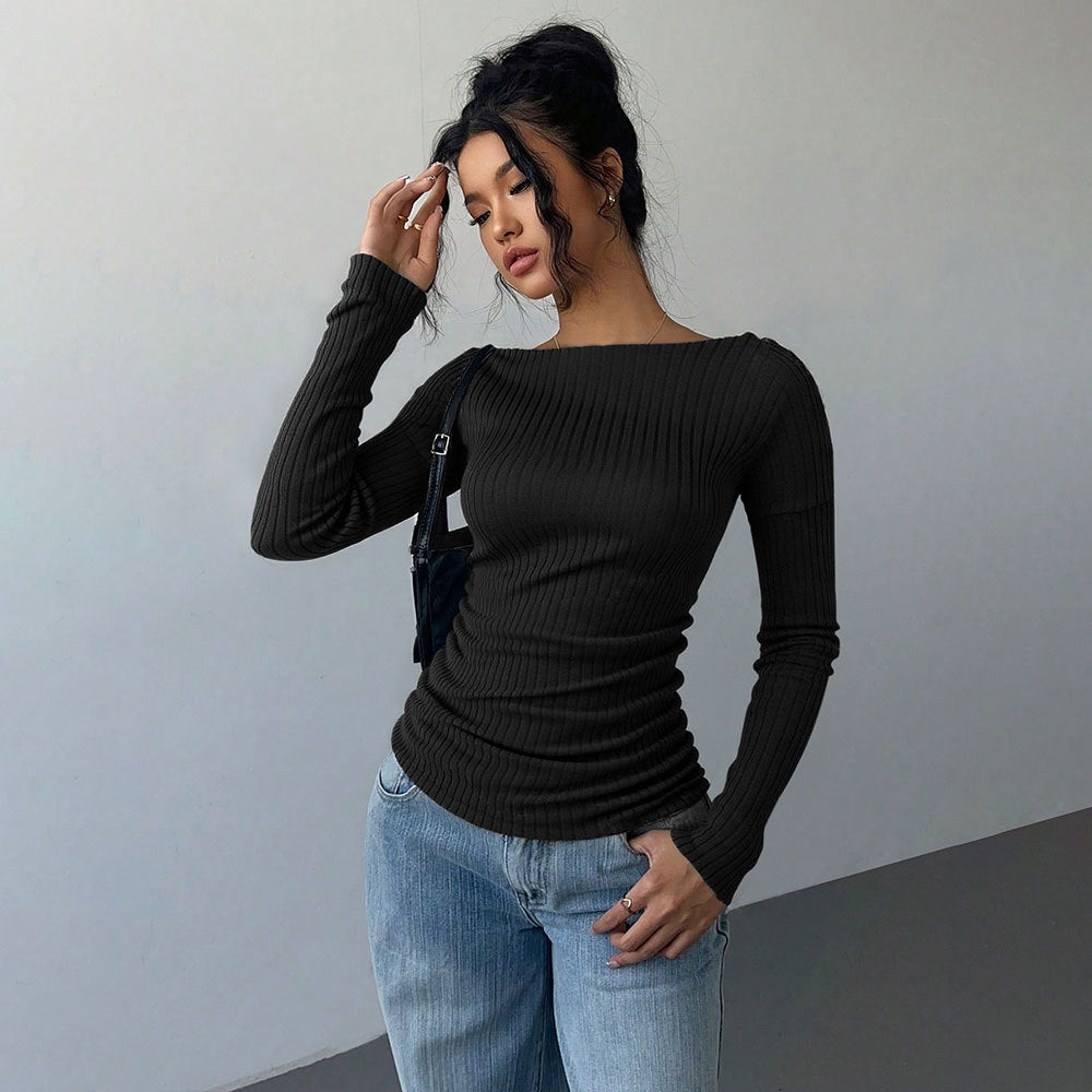 T-shirt à manches longues côtelé sans épaules pour femmes avec fronces ajustées et stretch sculptant