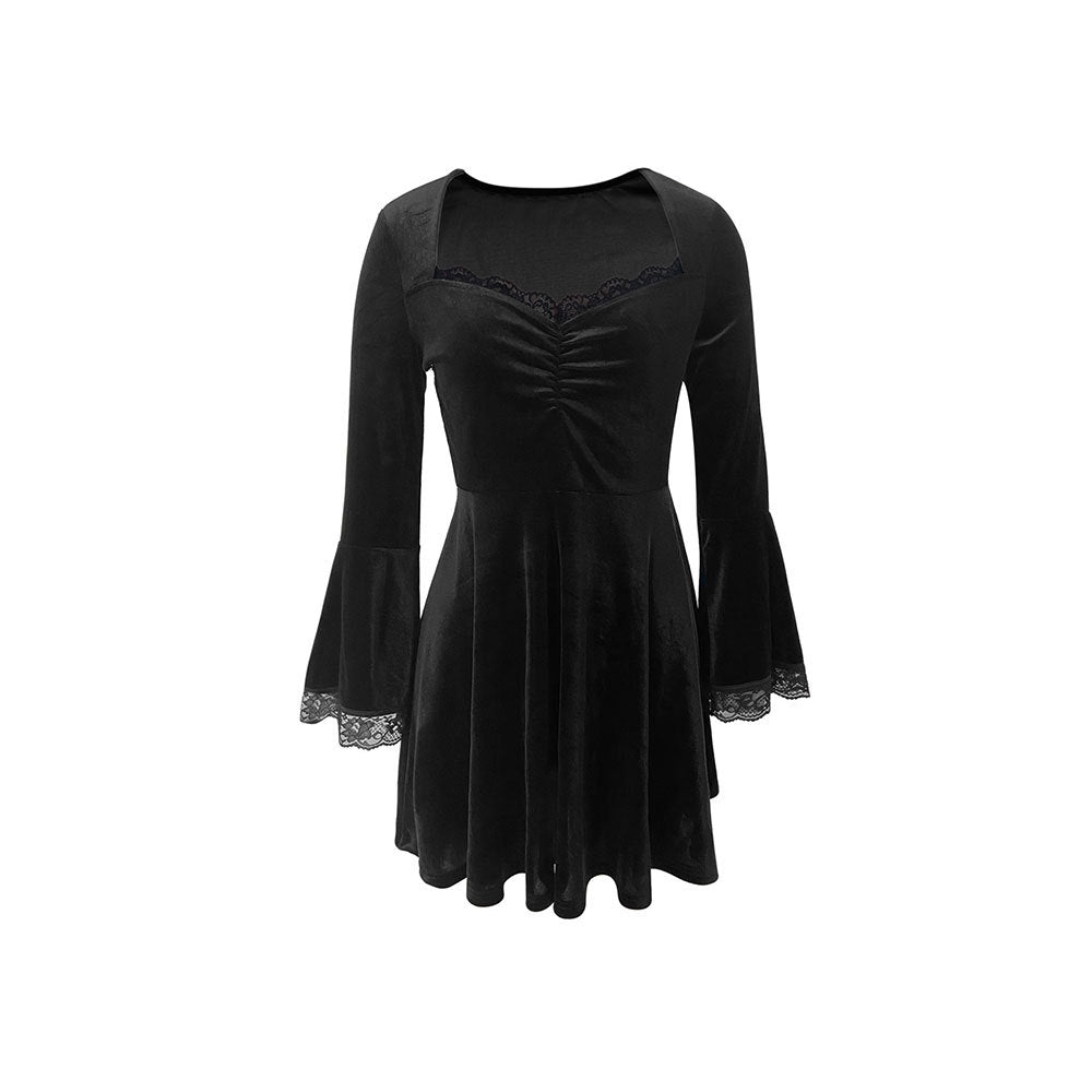 Robe en velours pour femmes avec bustier froncé, décolleté carré et manches cloche en dentelle Echo Archiv