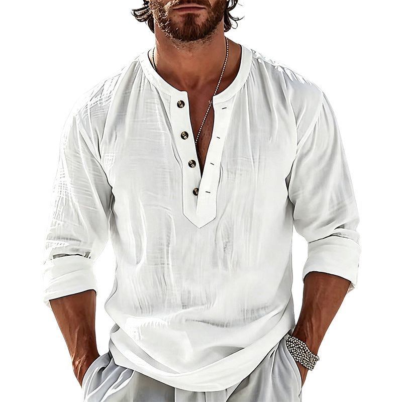 Chemise à manches longues en lin léger pour homme avec col mandarin Echoarchiv
