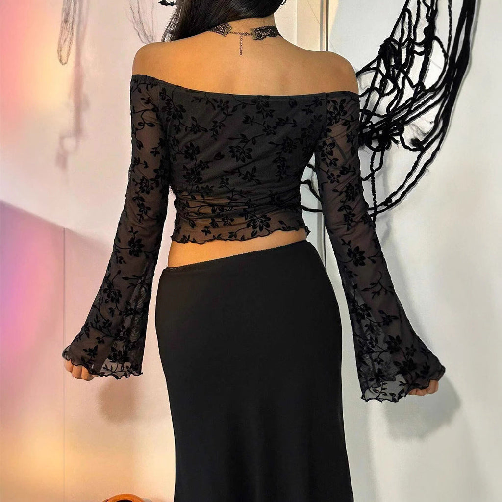 Top en maille transparent pour femmes avec application en velours floral, décolleté Carmen et ourlet court R&B