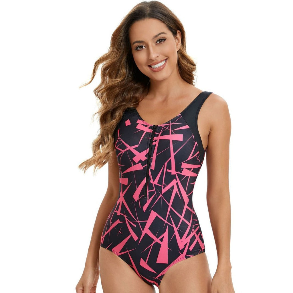 Maillot de bain une pièce sportif pour femmes avec fermeture éclair et design graphique Drune