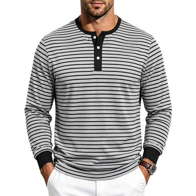 Chemise Henley à manches longues rayée pour hommes en mélange de coton Echoarchiv