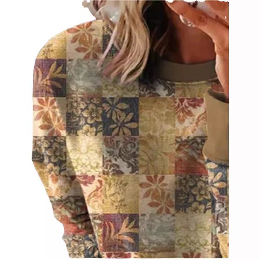 Chemisier à manches longues pour dames en patchwork avec un col rond doux et des poignets contrastants Echoarchiv