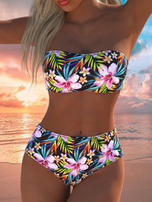 Ensemble de bikini bandeau pour femmes avec culotte taille haute et motif floral tropical R&B