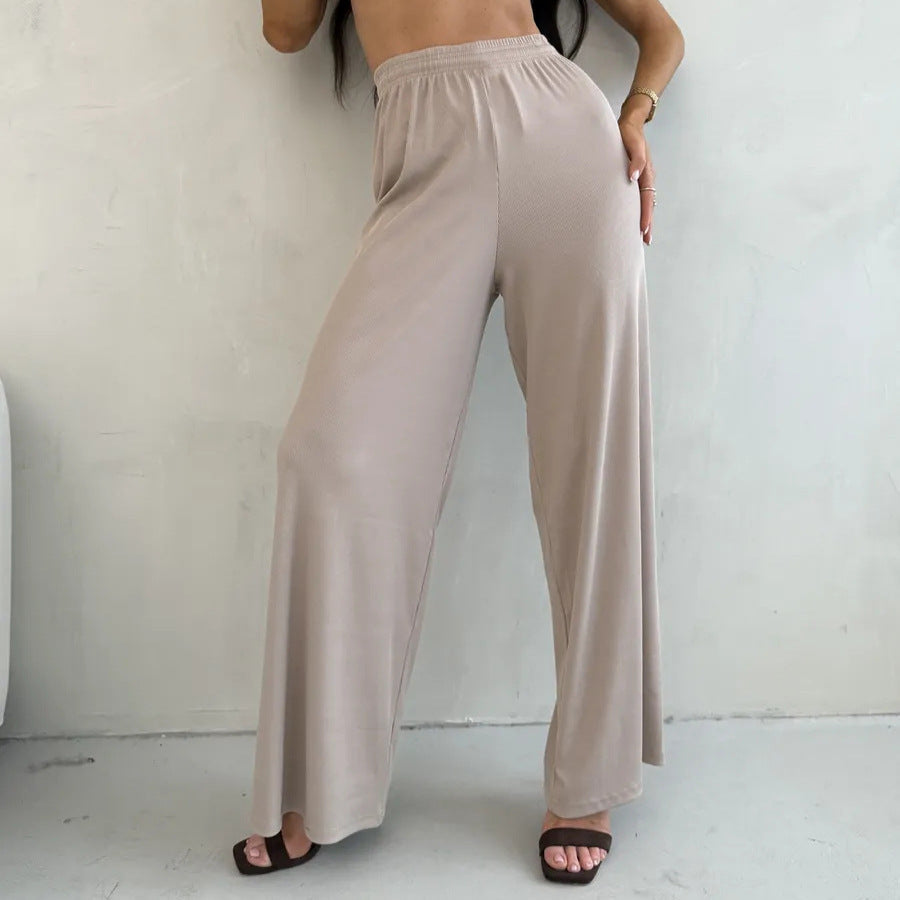 Pantalon Palazzo large taille haute pour femmes en jersey côtelé avec taille élastique Echo Archive