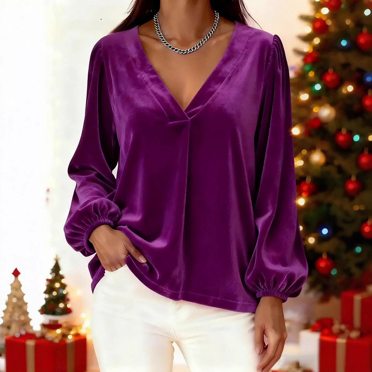 Blouse en velours élégante pour femmes avec décolleté en V