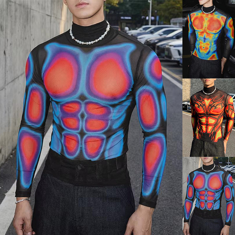 T-shirt long transparent en mesh pour hommes avec impression musculaire 3D Echoarchiv