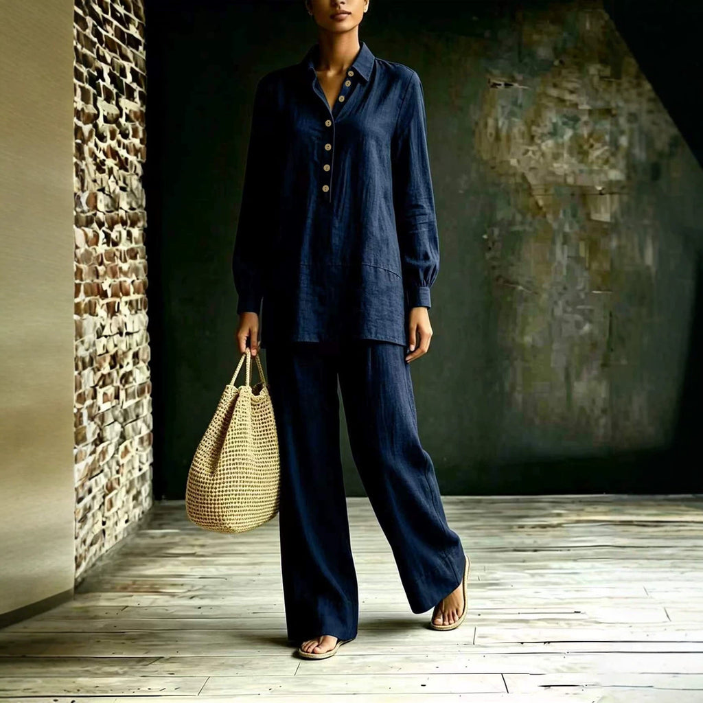 Ensemble tunique-pantalon pour femmes en aspect lin avec col chemise et coupe ample Echoarchiv