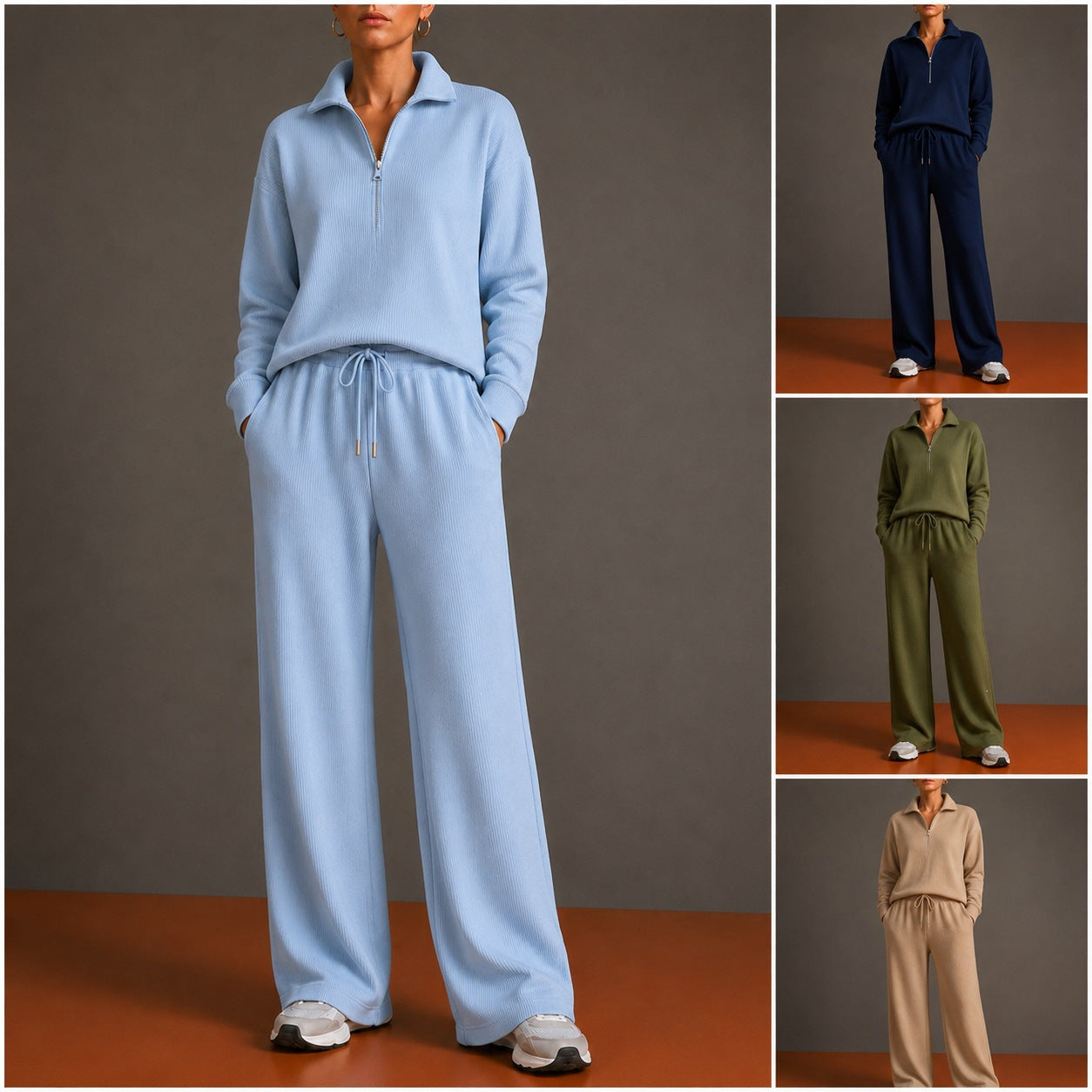 Ensemble de détente en tricot pour femmes avec demi-fermeture éclair, taille élastique et jambes larges - Echo Archiv