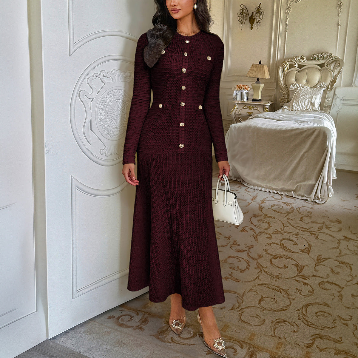 Robe maxi en tricot cintrée pour femmes avec boutonnière et boutons décoratifs Echo Archiv