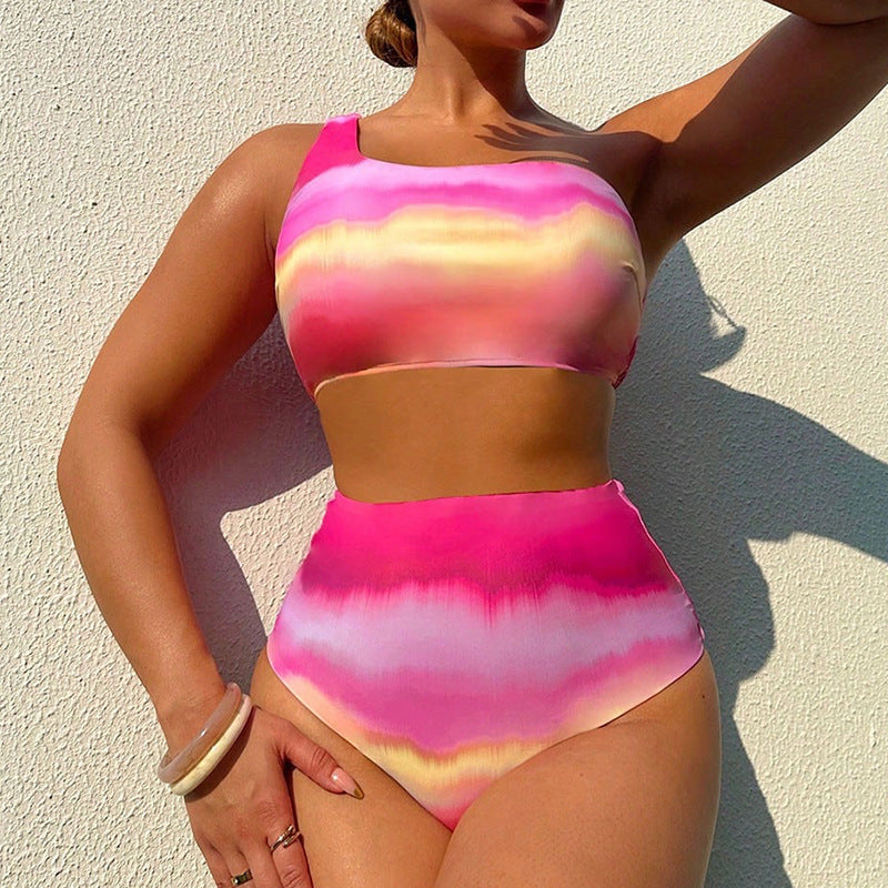 Ensemble de bikini taille haute pour femmes avec top asymétrique et dégradé de couleurs R&B