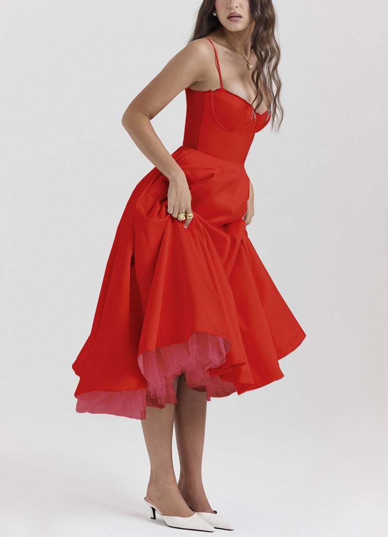 Robe midi rétro inspirée pour femmes avec corsage, coutures sous la poitrine, jupe évasée et poches latérales R&B