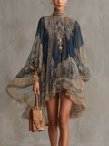 Robe tunique en chiffon éthéré pour femmes avec col montant et manches ballon Echoarchiv