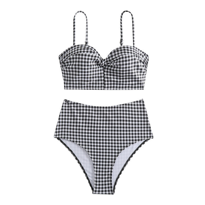 Bikini à taille haute à carreaux pour femmes avec haut rembourré R&B