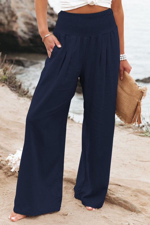 Pantalons larges smockés taille haute en mélange de lin pour femmes Echoarchiv