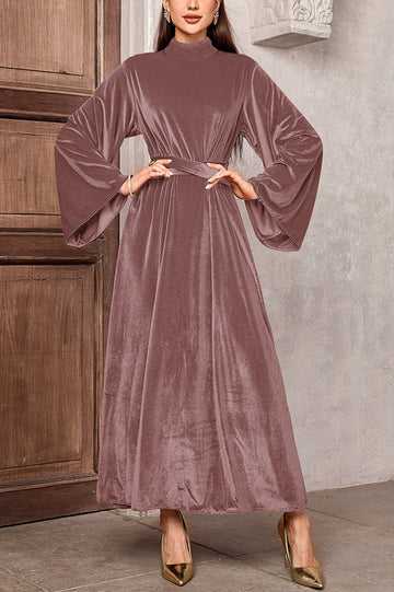 Robe maxi en velours pour femmes avec col montant, manches évasées et ceinture à la taille