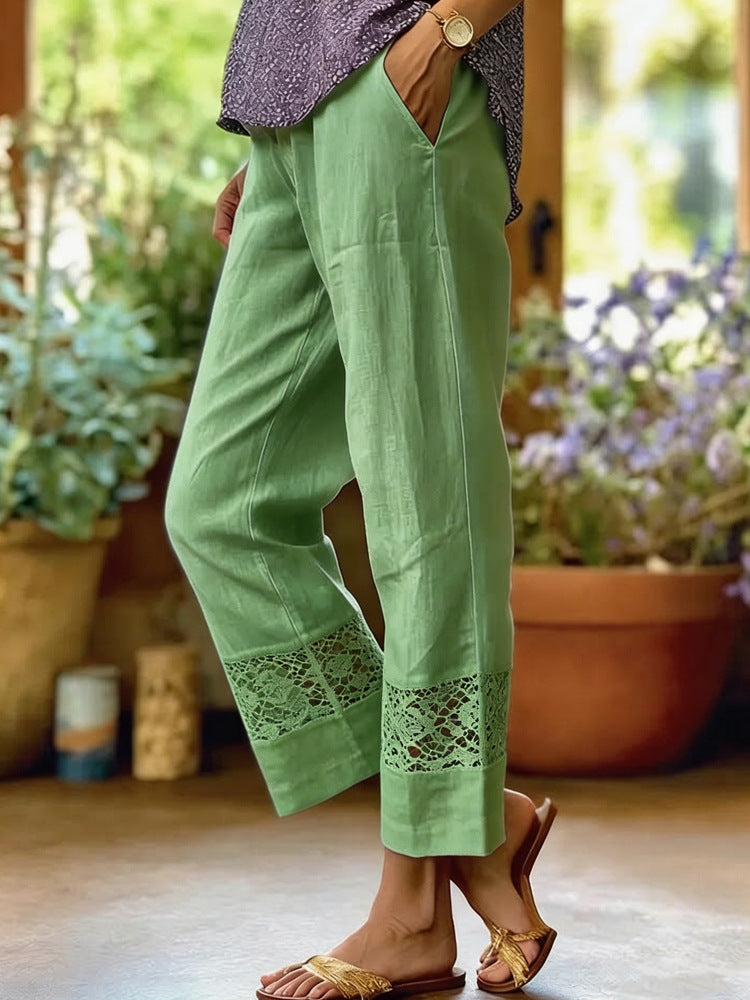 Pantalon léger en lin pour femmes avec accents en dentelle R&B