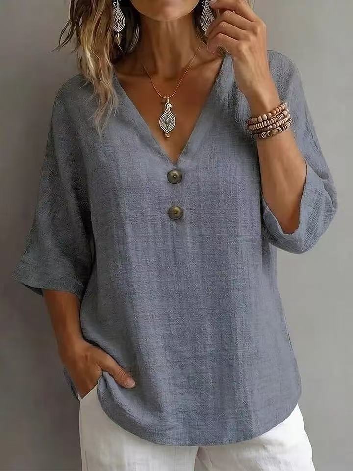 T-shirt décontracté à col en V pour femmes avec détails en bouton
