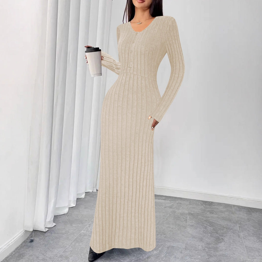 Robe maxi en tricot côtelé pour femmes avec couture à la taille et patte de boutonnage Echoarchiv