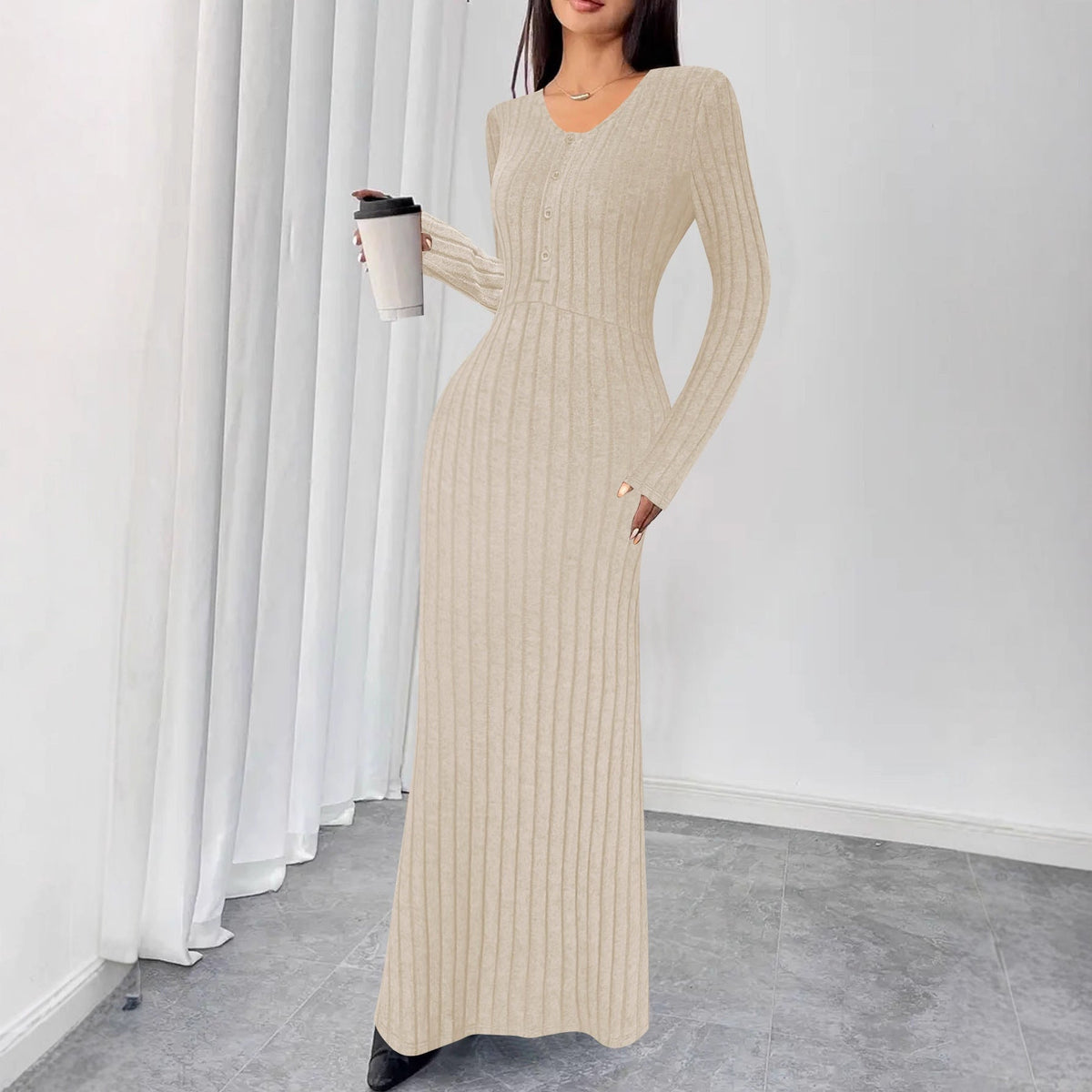 Robe maxi en tricot côtelé pour femmes avec couture à la taille et patte de boutonnage Echoarchiv