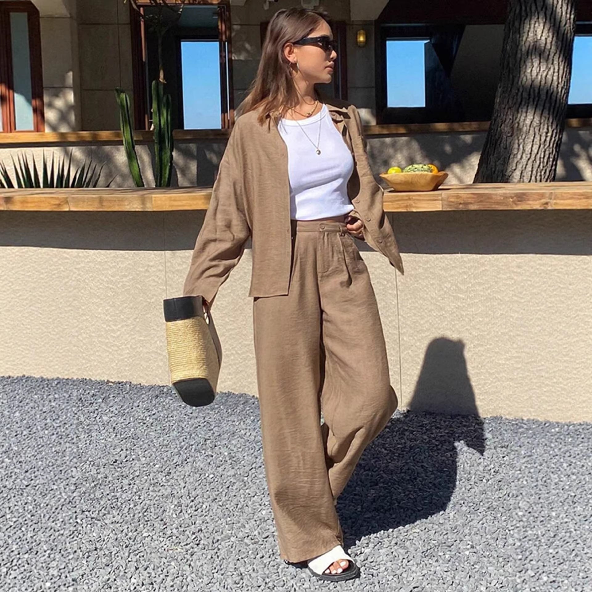 Ensemble de détente en lin pour femmes avec chemise oversize et pantalon palazzo à cordon Echo Archiv