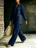Ensemble tunique-pantalon pour femmes en aspect lin avec col chemise et coupe ample Echoarchiv