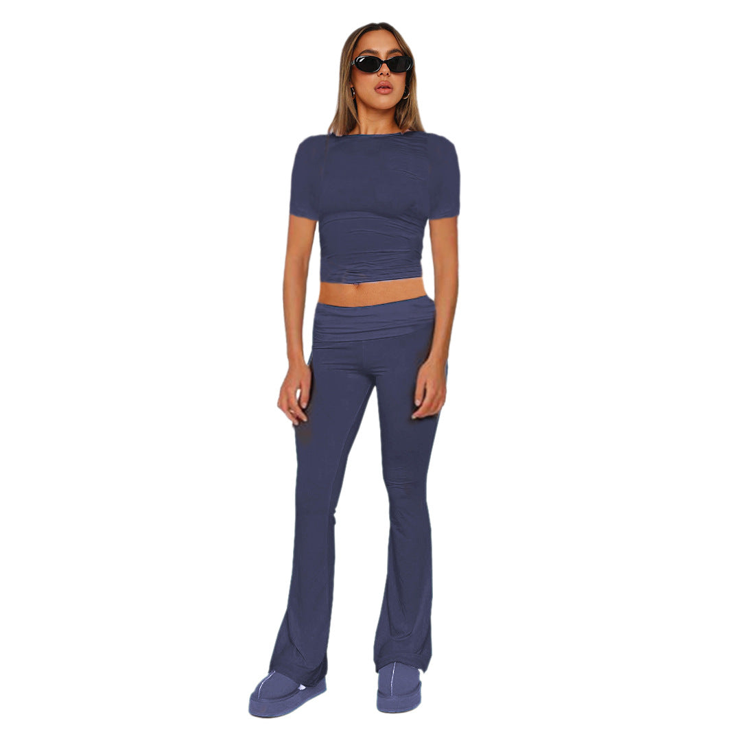 Ensemble femme crop en jersey stretch avec pantalon taille haute évasé Echoarchiv