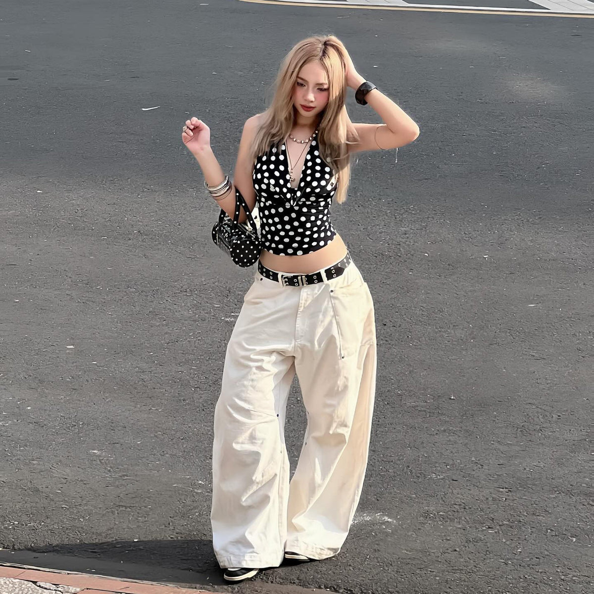 Pantalon en toile large taille haute pour femmes au style carpenter avec taille haute et poches plaquées Echo Archiv
