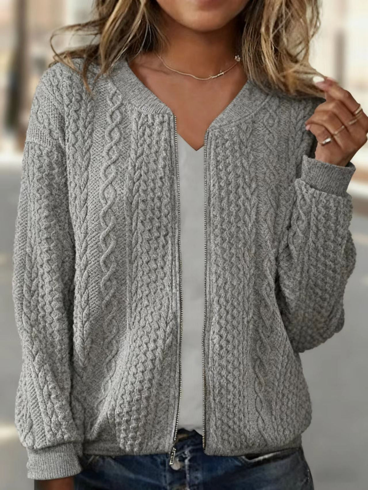 Veste bomber en tricot pour femmes avec fermeture éclair et motif en torsades