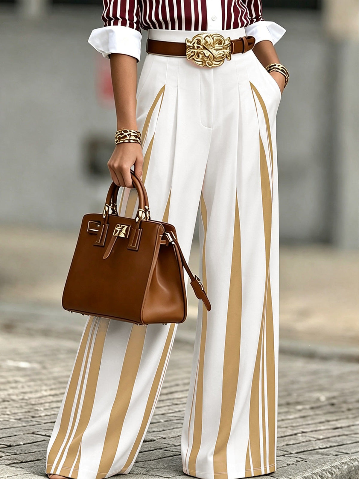 Pantalon palazzo large taille haute pour femmes avec rayures verticales et plis marqués Echoarchiv