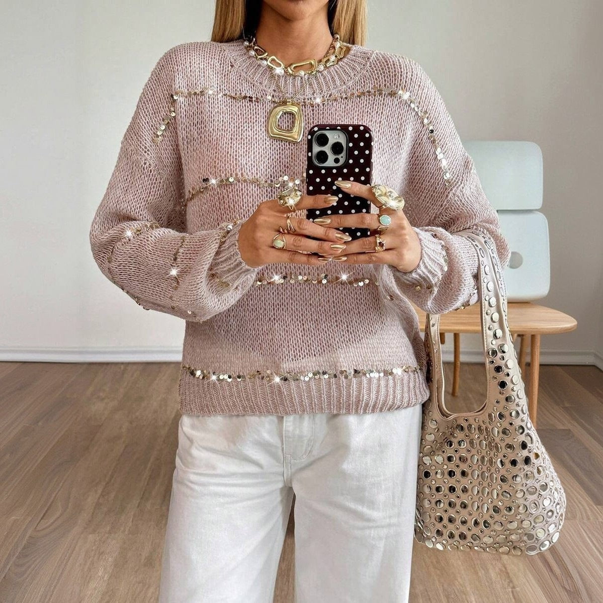Pull en grosse maille pour femmes avec bandes de sequins, coupe oversize et col rond Echoarchiv