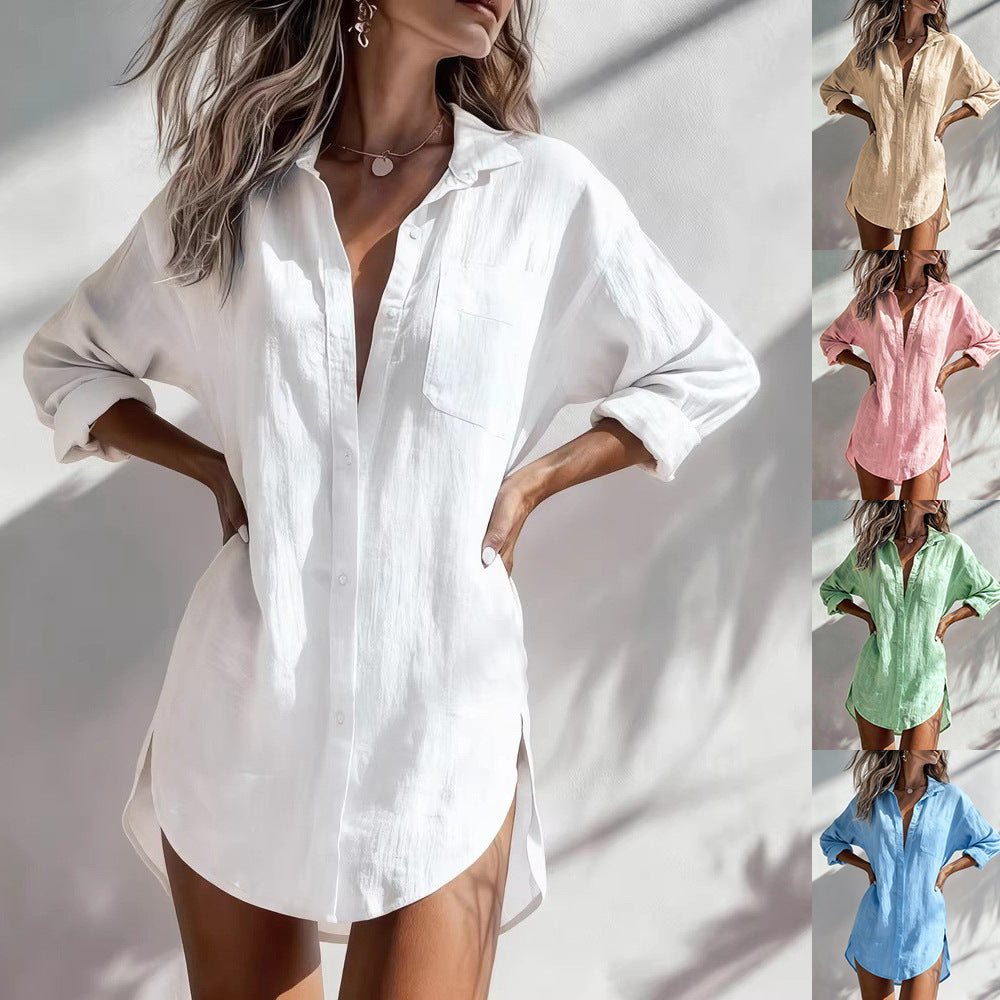 Robe chemise pour femmes en lin léger avec poche poitrine R&B
