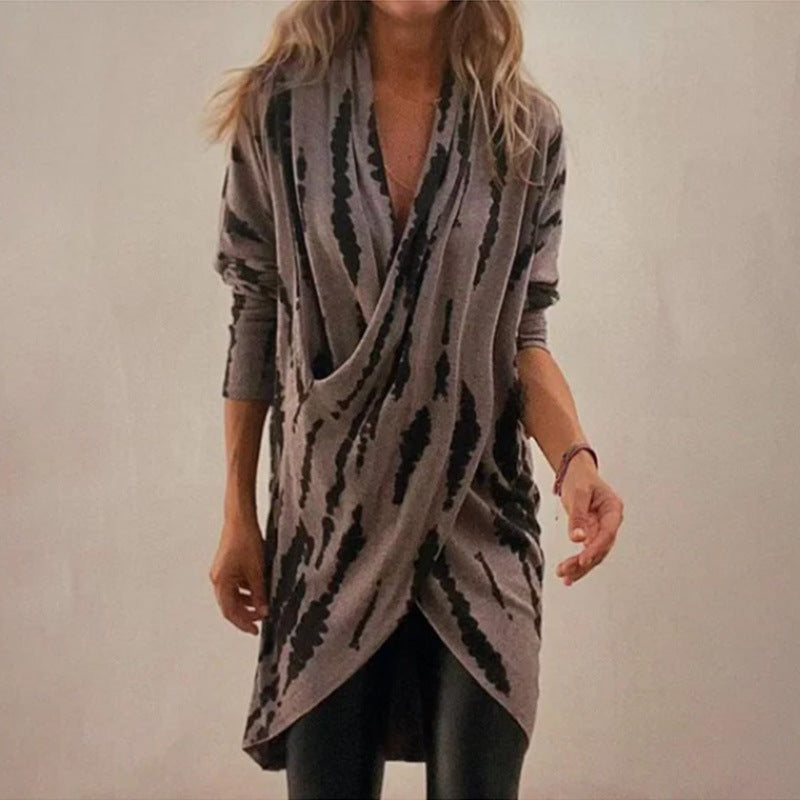 Cardigan en tricot drapé pour femmes avec effet enveloppant, tombé doux et motif abstrait Echoarchiv