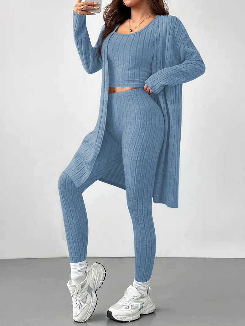 Ensemble Lounge en Tricot Fin Côtelé pour Femmes avec Cardigan Long, Top Court et Leggings Taille Haute Echoarchiv