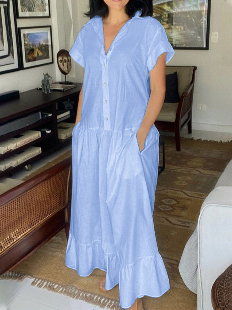 Robe Boutonnée Décontractée pour Femmes avec Poches et Ourlet Volant R&B