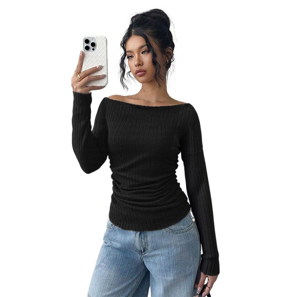 T-shirt à manches longues côtelé sans épaules pour femmes avec fronces ajustées et stretch sculptant