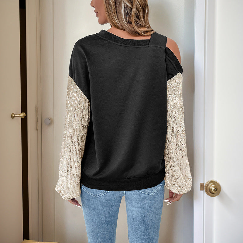 Sweatshirt asymétrique pour femmes avec décolleté et manches en tricot à sequins Echoarchiv
