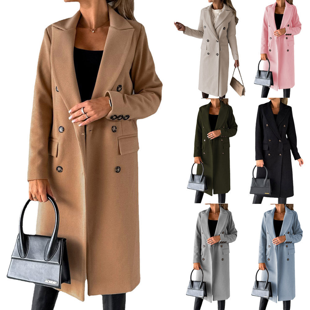 Manteau long pour femmes à double boutonnage classique avec col à revers et poches plaquées Echo Archiv