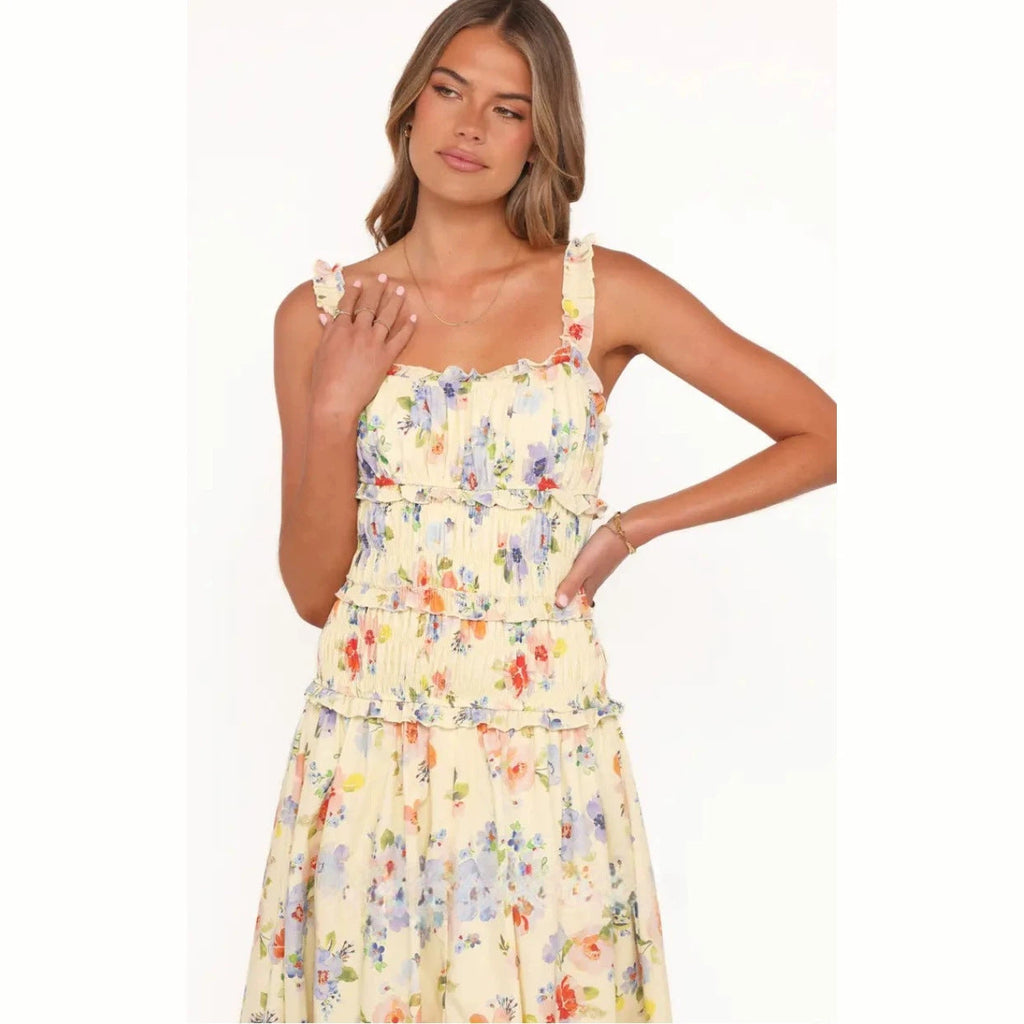 Robe midi à volants légère et aérée pour femmes avec haut froncé et bretelles à volants R&B