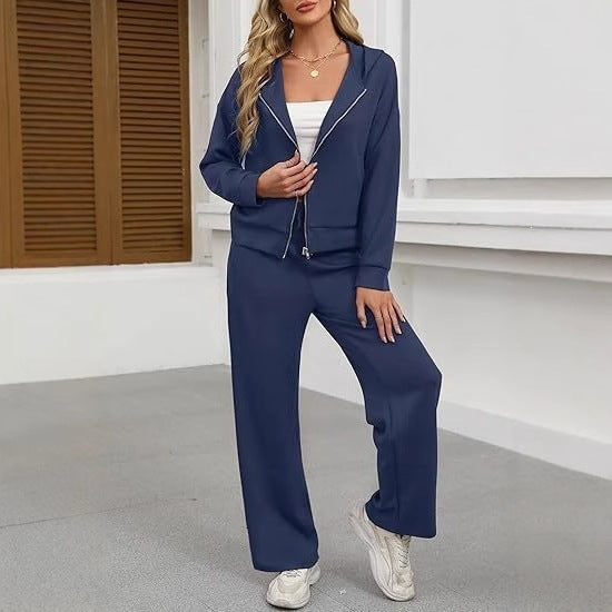 Ensemble de lounge pour femmes en deux parties avec veste à capuche zippée et pantalon large à taille haute en tissu sweat Echo Archiv