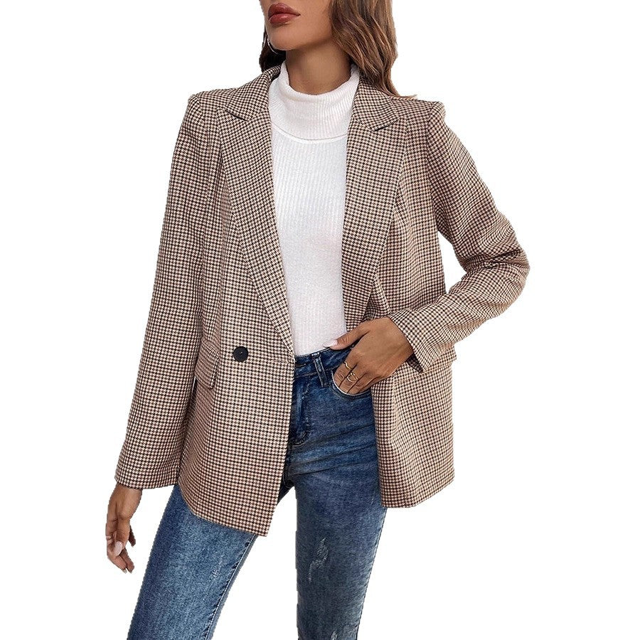 Blazer oversize à carreaux pour femmes avec poches passepoilées et épaules légèrement rembourrées