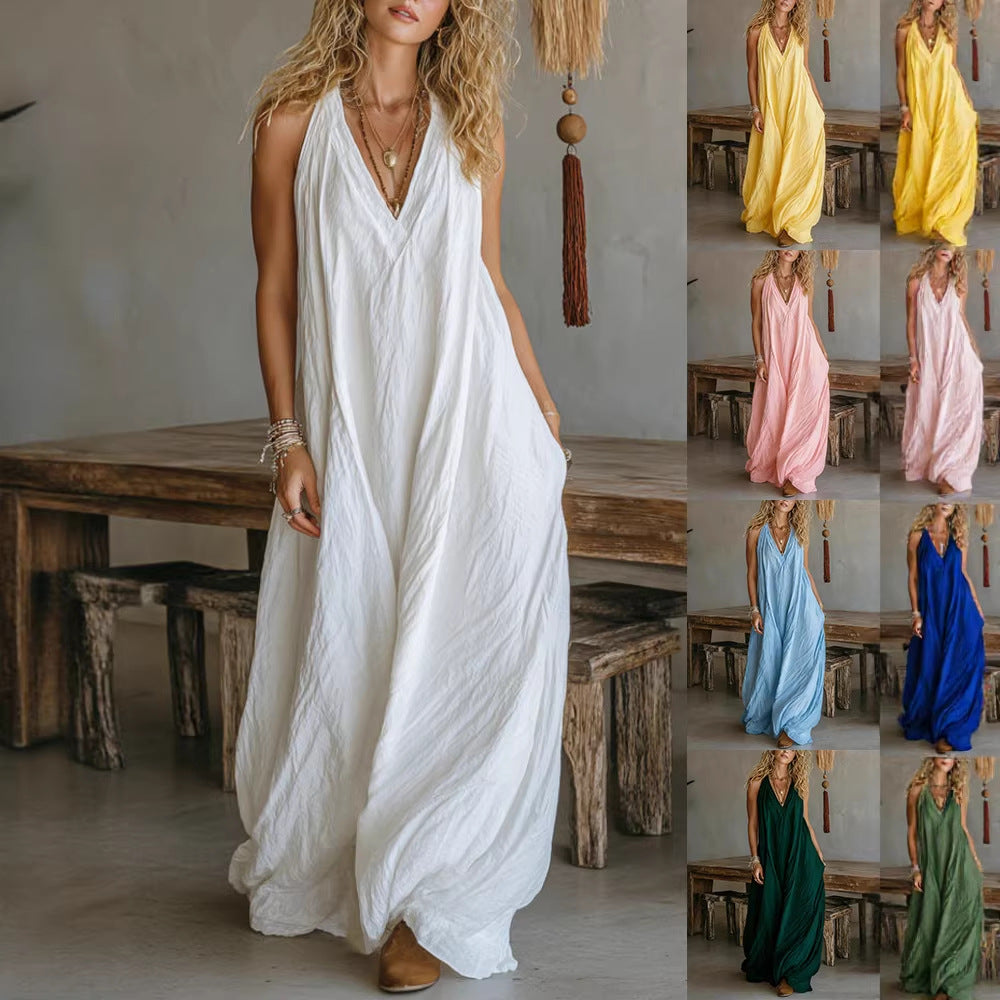 Robe Maxi Décontractée pour Femmes avec Coupe Asymétrique et Décolleté en V de R&B