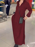 Robe maxi fluide pour femmes avec col montant en V, manches longues et poches latérales Echoarchiv